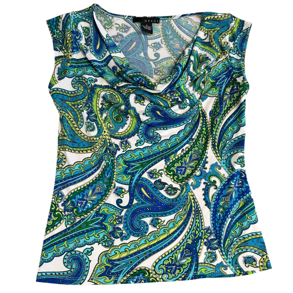 Grace Women Blue Green Paisley Cowl Neck Cap Sleeve Top Size Medium